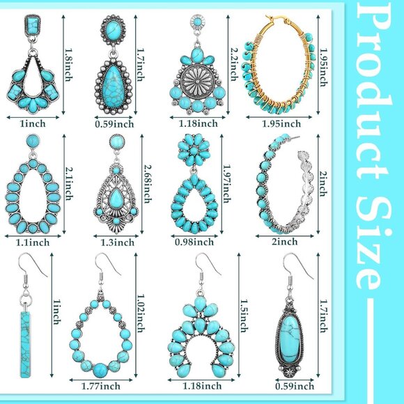 12 Pairs Turquoise Earrings Set Boho Dangle Studs for Women Stylish Jewelry - Picture 2 of 5